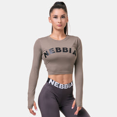 Long Sleeve Thumbhole Sporty Crop Top Mocha, mocha